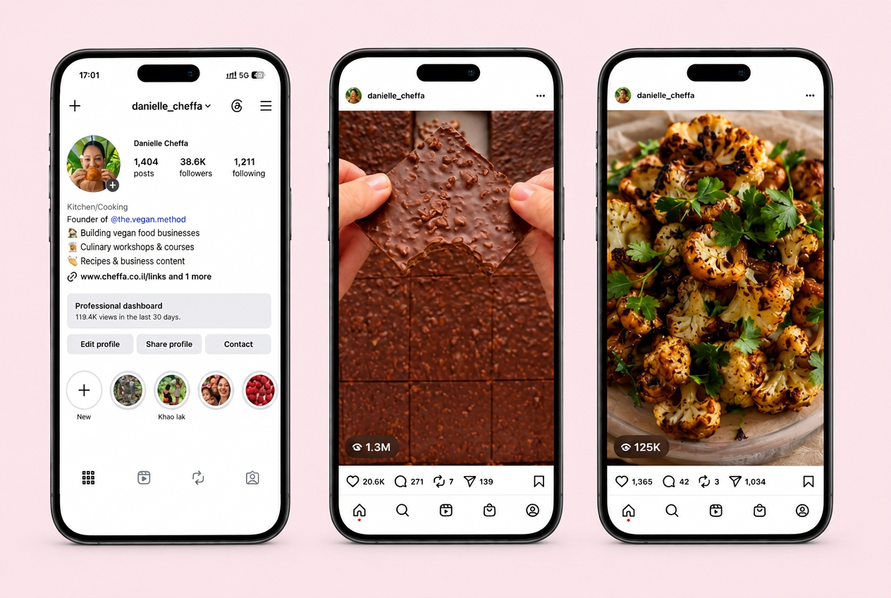 Instagram profile with 38.6K followers alongside two viral reels — a chocolate reel with 1.3M views and a cauliflower reel with 125K views